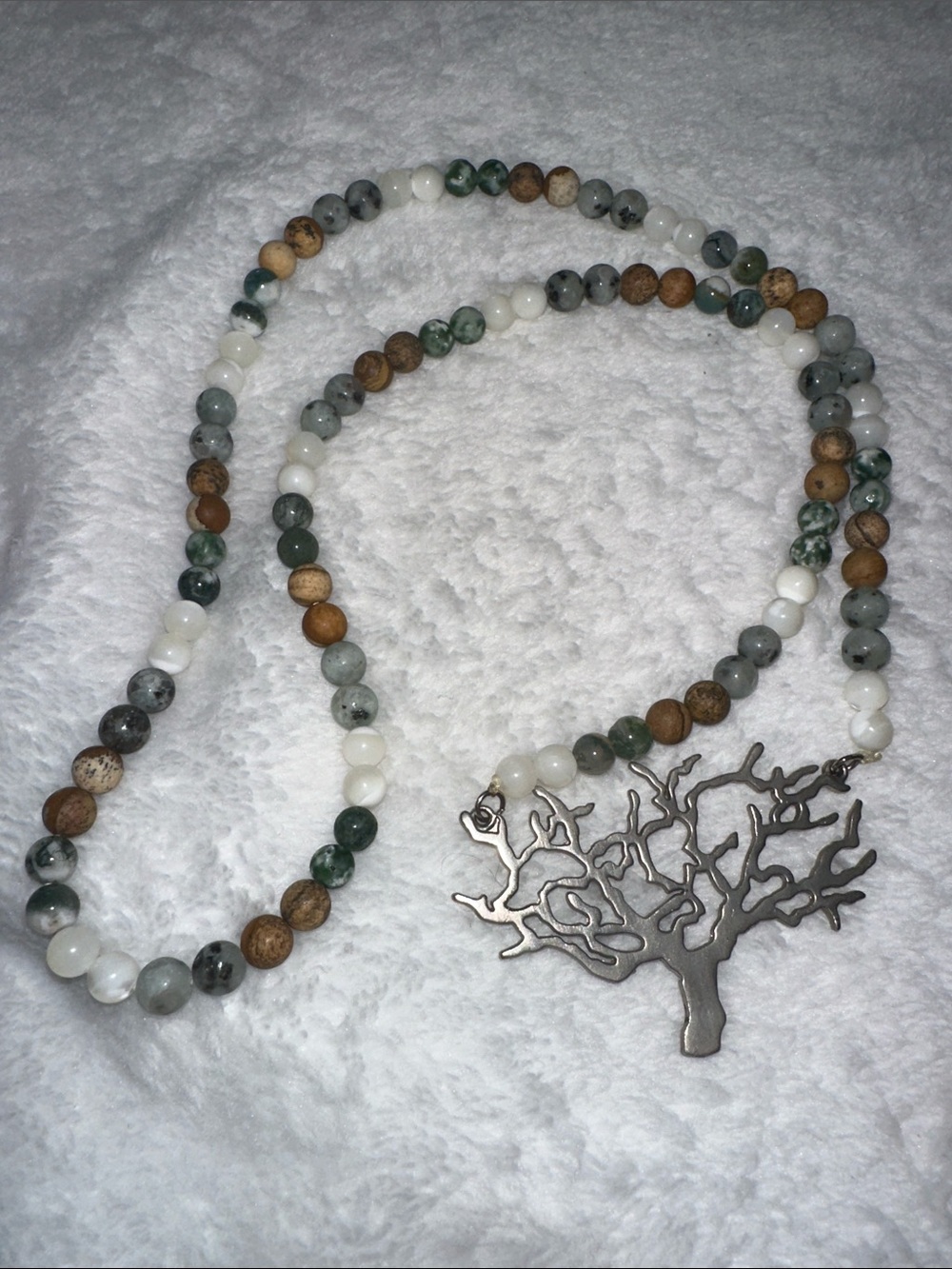 Tree of Life Beaded Necklace with Green, White & Brown Stone Beads